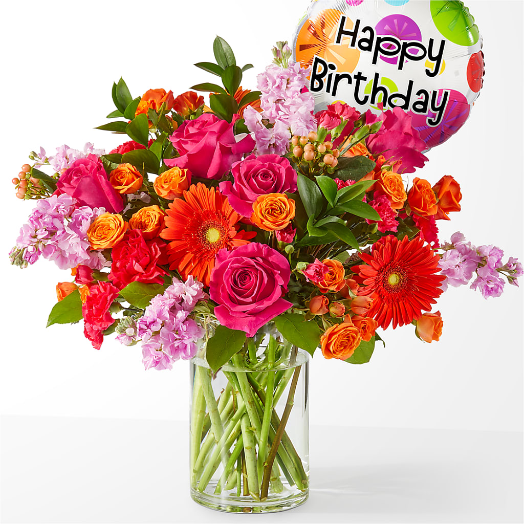 Fiesta Bouquet with Birthday Balloon – House Of Flowers, Worcester MA