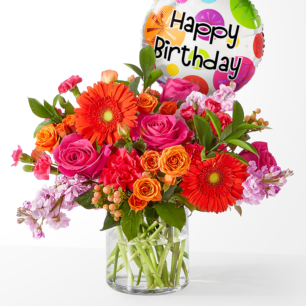 Fiesta Bouquet with Birthday Balloon – House Of Flowers, Worcester MA