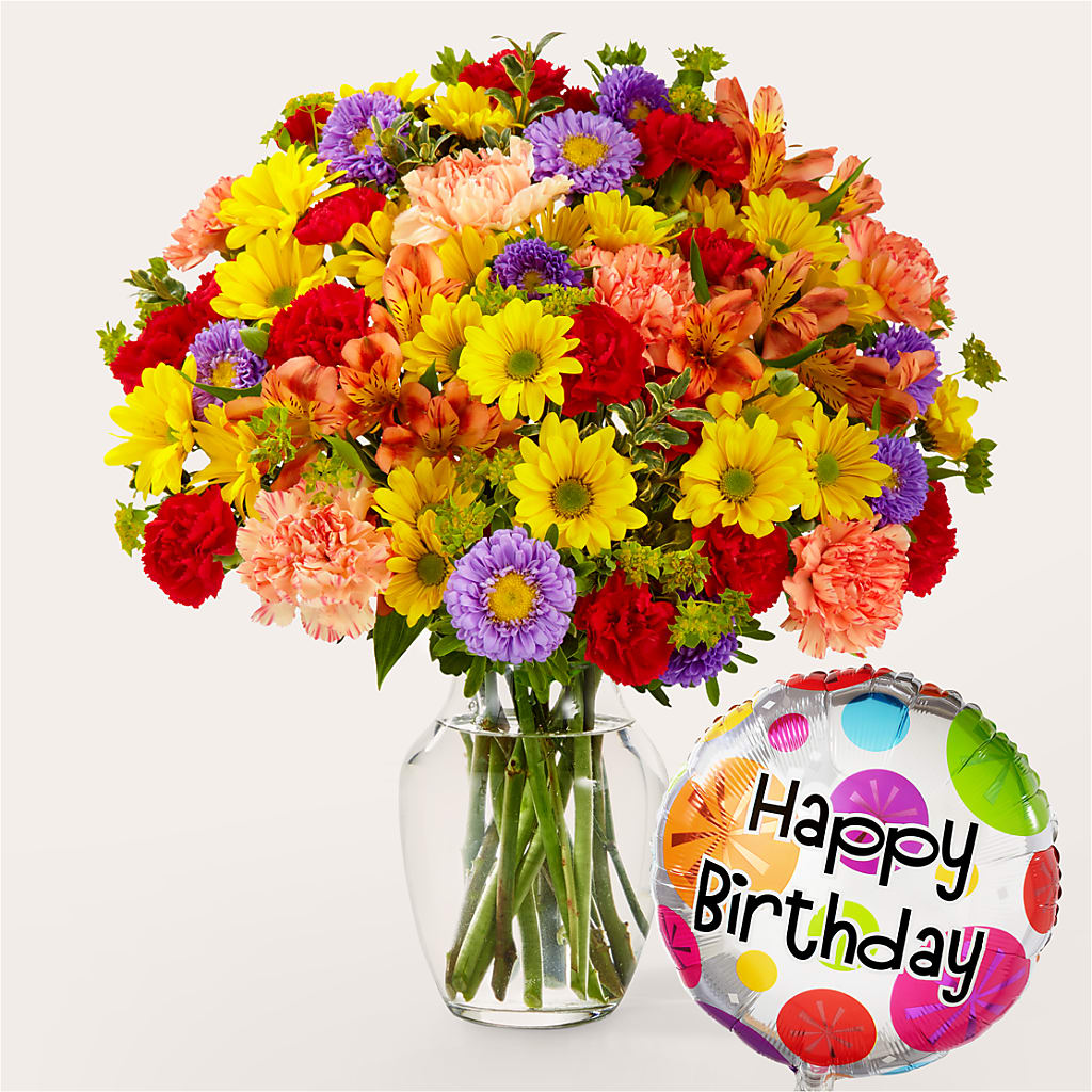 Kaleidoscope Bouquet with Birthday Balloon – House Of Flowers, Worcester MA