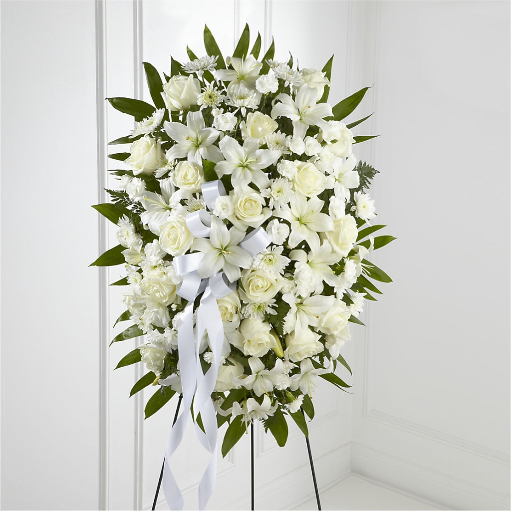 Exquisite Tribute Standing Spray-White Ribbon – House Of Flowers, Worcester MA