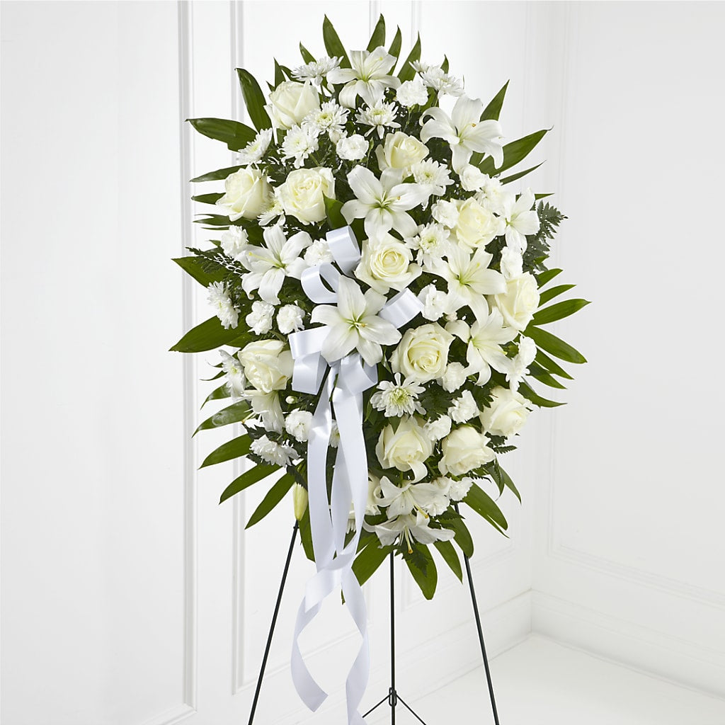 Exquisite Tribute Standing Spray-White Ribbon – House Of Flowers, Worcester MA
